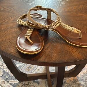 Aldo Tan and Gold T-Strap Sandals